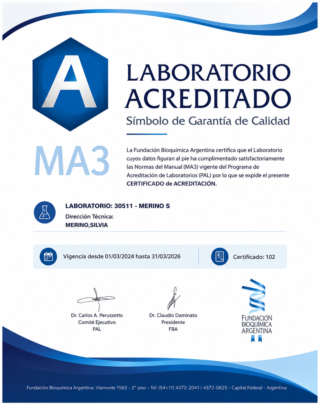 Laboratorio Merino acreditado por Fundación Bioquímica Argentina